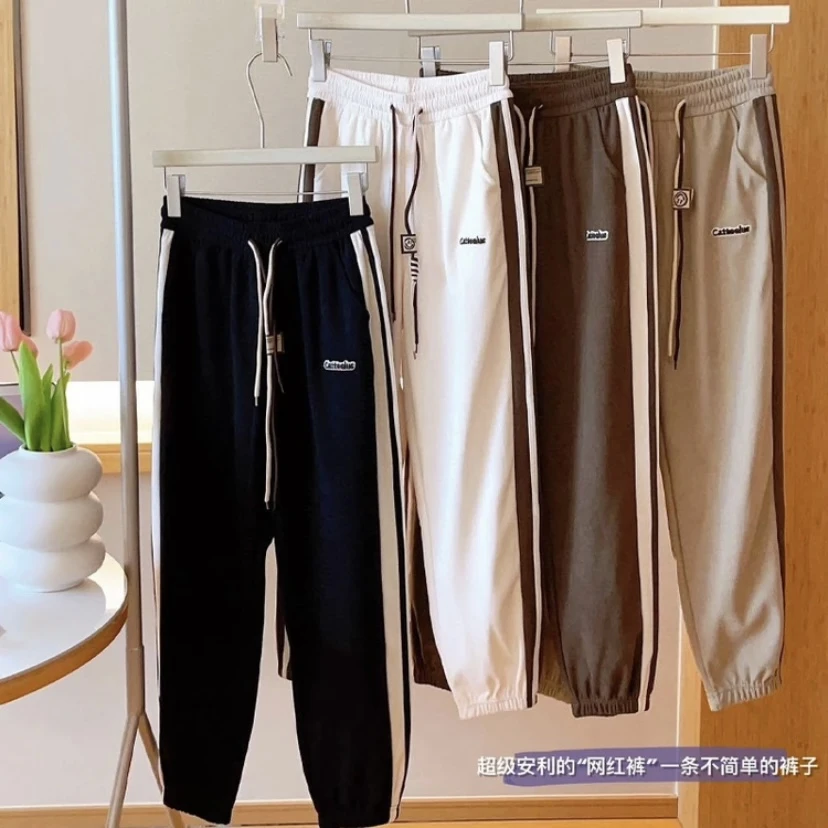秋冬新款欧棉绒撞色加绒束脚裤女士高腰运动韩版潮流休闲裤卫裤
