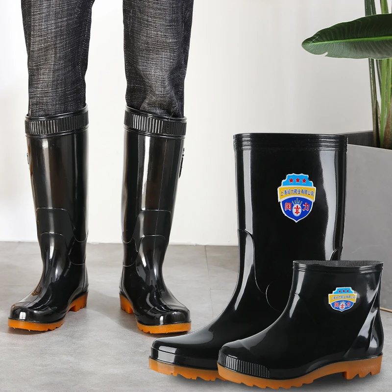 长筒水靴男士束口短筒雨鞋防滑劳保工地中筒水鞋加绒胶鞋高筒雨靴