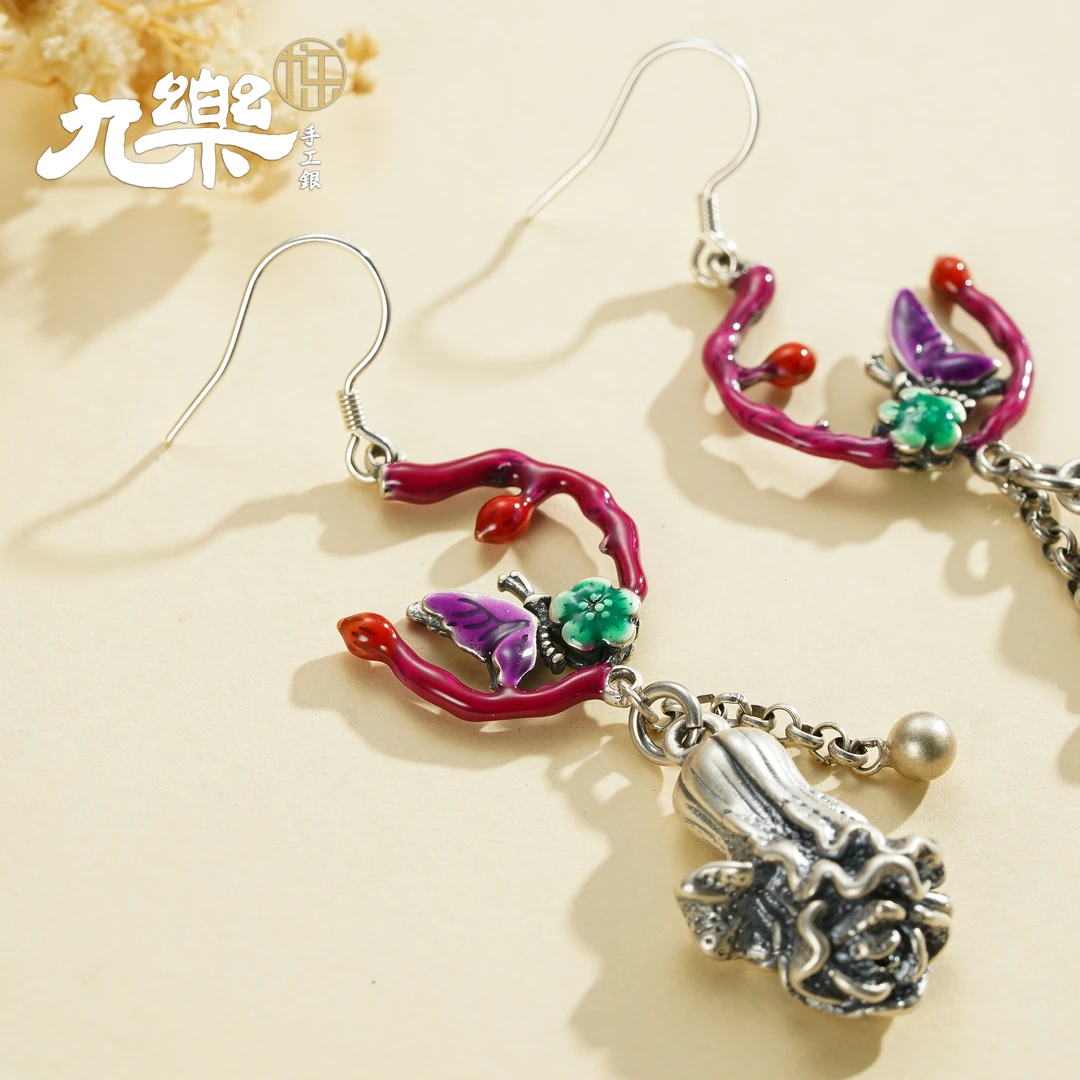 九乐 925银银制品 蝶恋花白菜耳环（白菜足银）复古民族风时尚个性