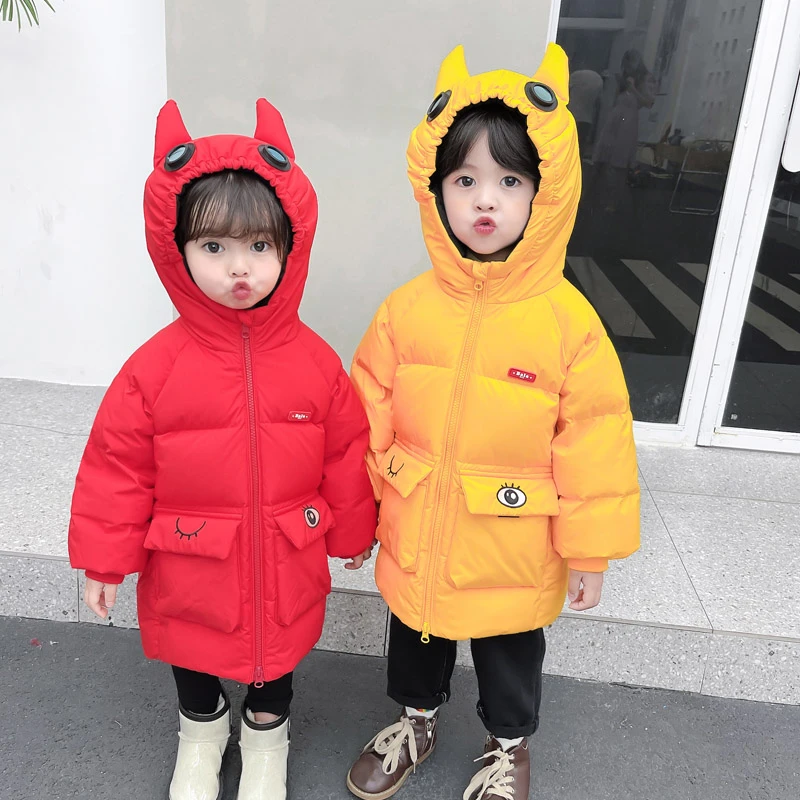 儿童加厚羽绒服男童中长款冬季加绒小童外套女宝宝连帽卡通白鸭绒
