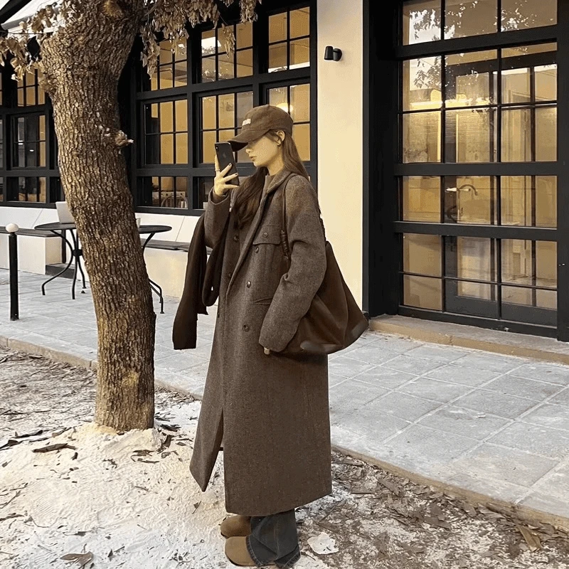 2024秋冬新款长款韩版美拉德色系宽松显瘦毛呢外套女