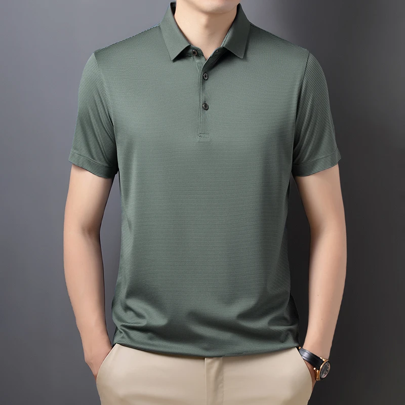 [6A金标桑蚕丝]男士半袖高档商务透气条纹POLO衫8803中年薄款