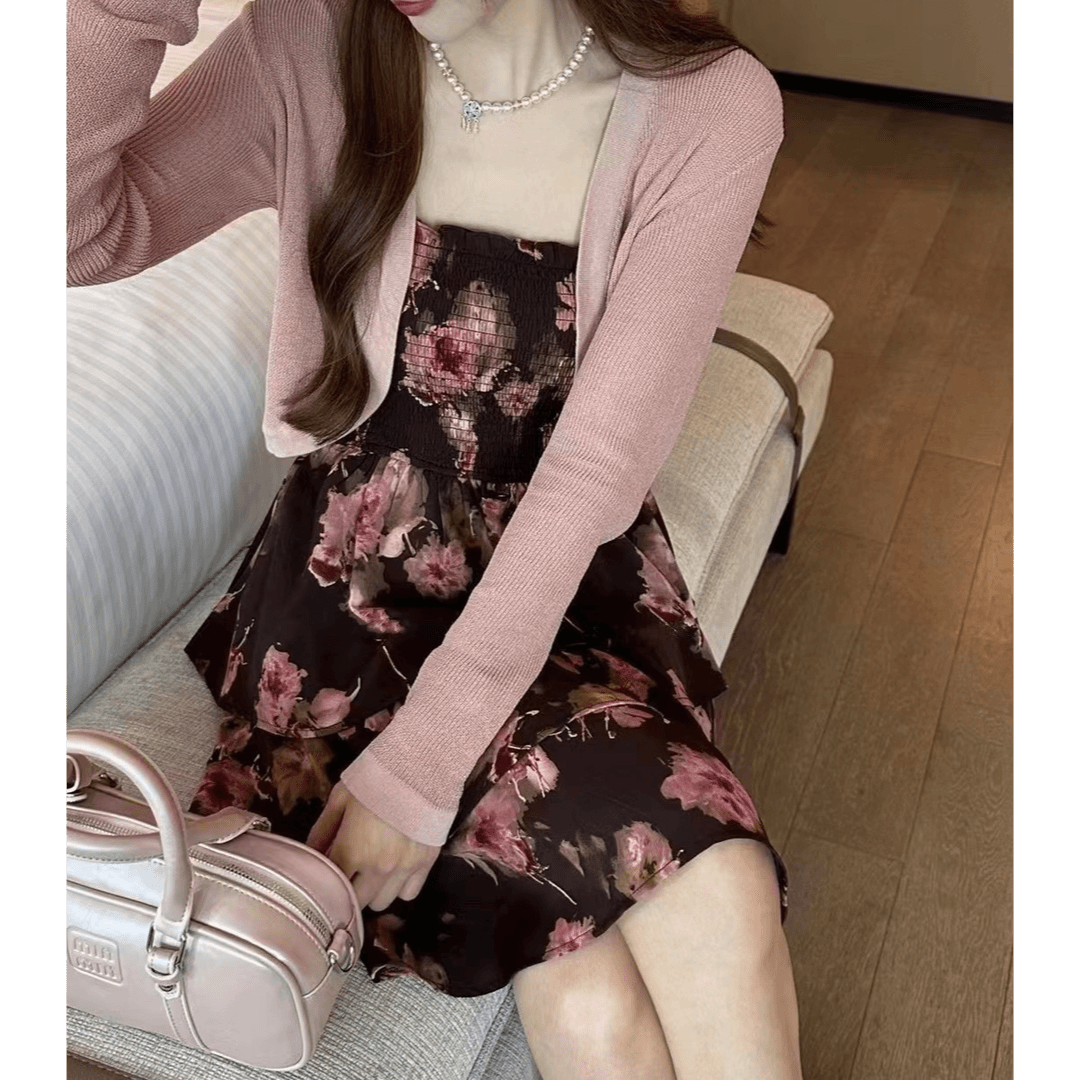 夏季网红法式甜美洋气气质显瘦时尚短款多层碎花连衣裙+开衫套装