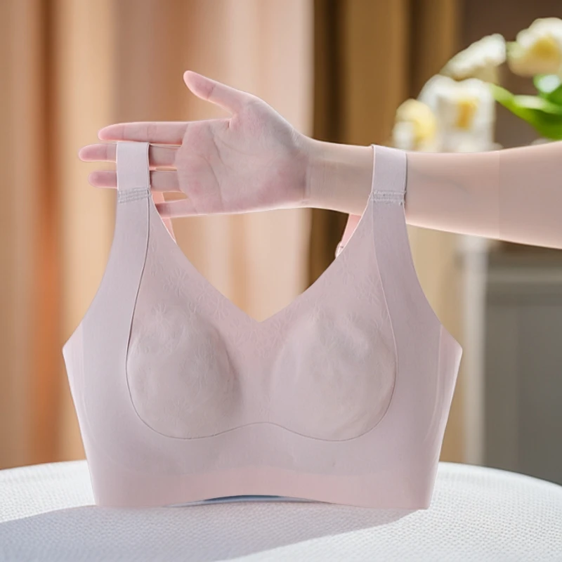 全罩杯无钢圈大胸显小新款提花无痕轻薄提拉侧推防滑收副乳防下垂