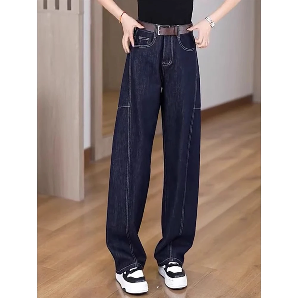 新款深蓝色直筒牛仔裤女大码春秋显瘦宽松时尚阔腿裤遮肉拖地长裤