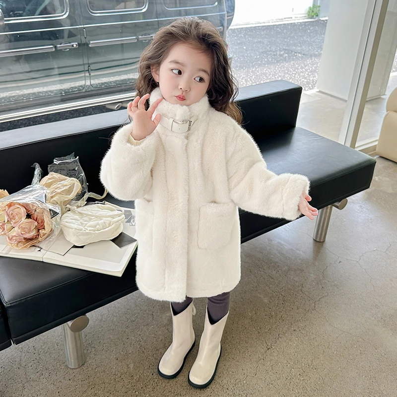 女童外套秋冬季新款2024韩版洋气女宝宝中长款水貂绒皮毛一体上衣