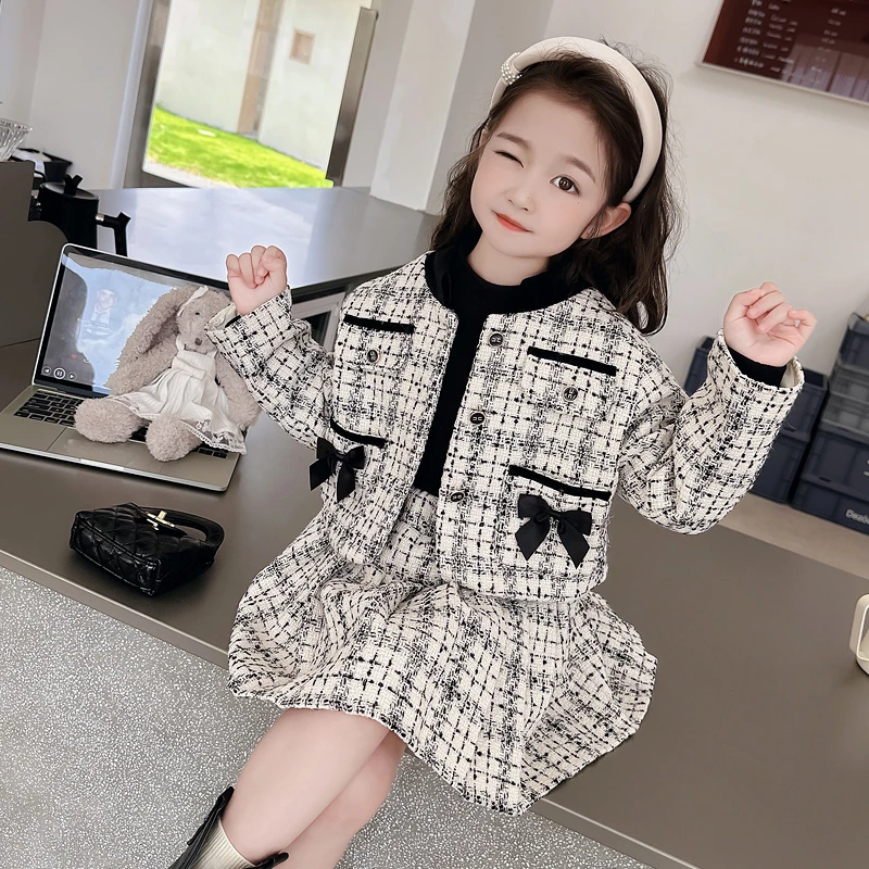 女童套装裙春秋款2025新款洋气小香风初秋季女孩百褶裙两件套秋装