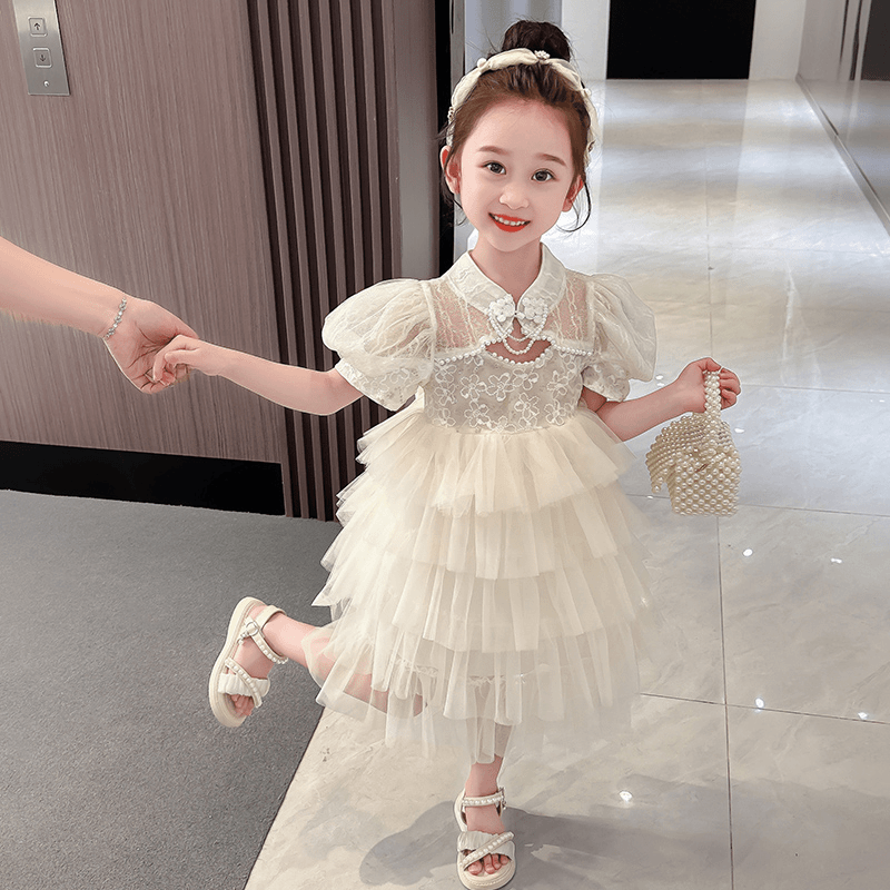 女童连衣裙中国风女孩旗袍夏装2024新款洋气儿童泡泡袖网纱公主裙
