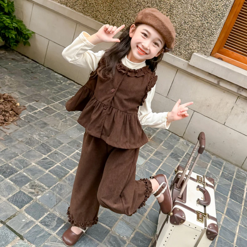 女小童秋款套装洋气2025新款春秋装女孩休闲马甲打底衫裤子三件套