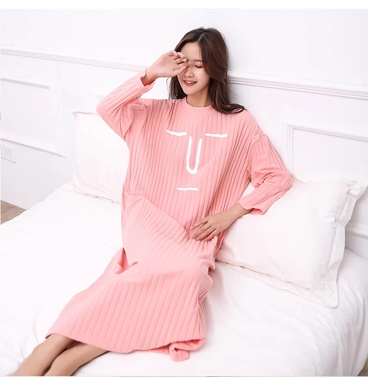 （大春子外贸原单）秋冬新款宽松长袖大码长款女士睡裙家居服中长款