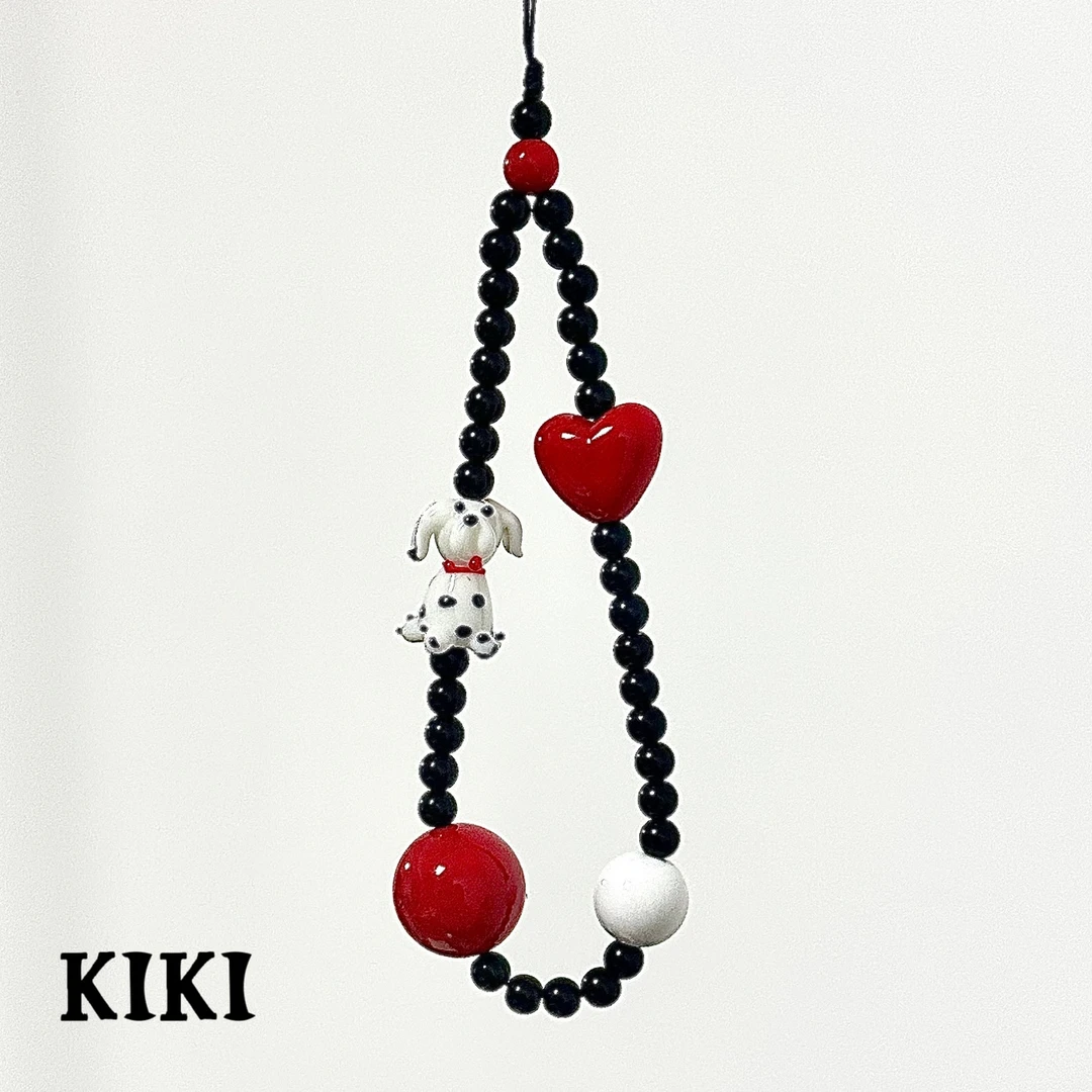 ins卡通可爱琉璃斑点狗手机挂链diy手工串珠ccd相机挂件链条防丢