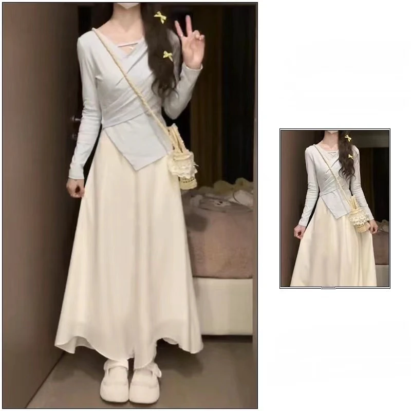 2024新款秋季女装奶系百搭显瘦穿搭套高级感长袖连衣裙子两件套装