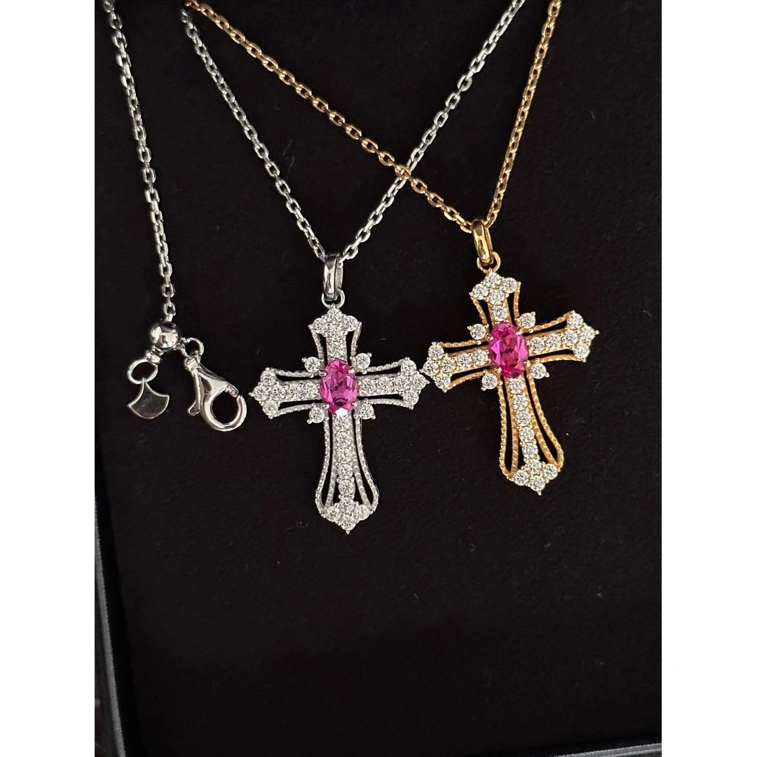 坠链均925银合成锆石 蕾丝十字架红刚玉吊坠·双面可佩戴925银镀金