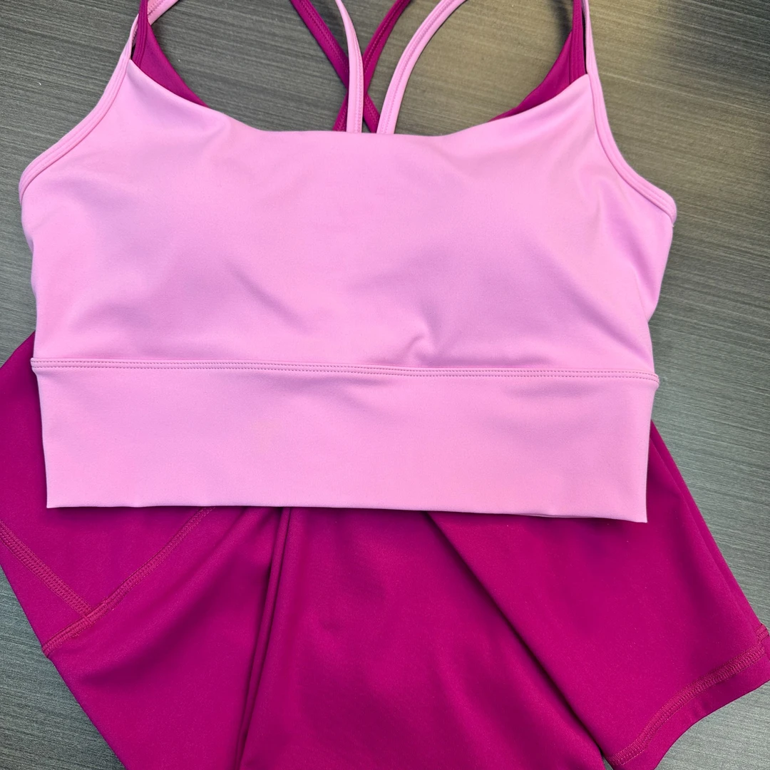 盈伽野玫紫露露带 自带胸垫运动套装高腰收腹速干瑜伽裤