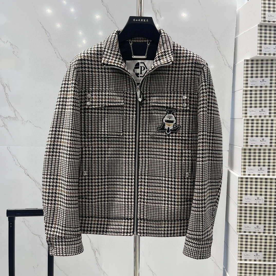 炸【PP外套加棉】秋冬新款潮流休闲男装夹克外套翻领千鸟格时尚百搭