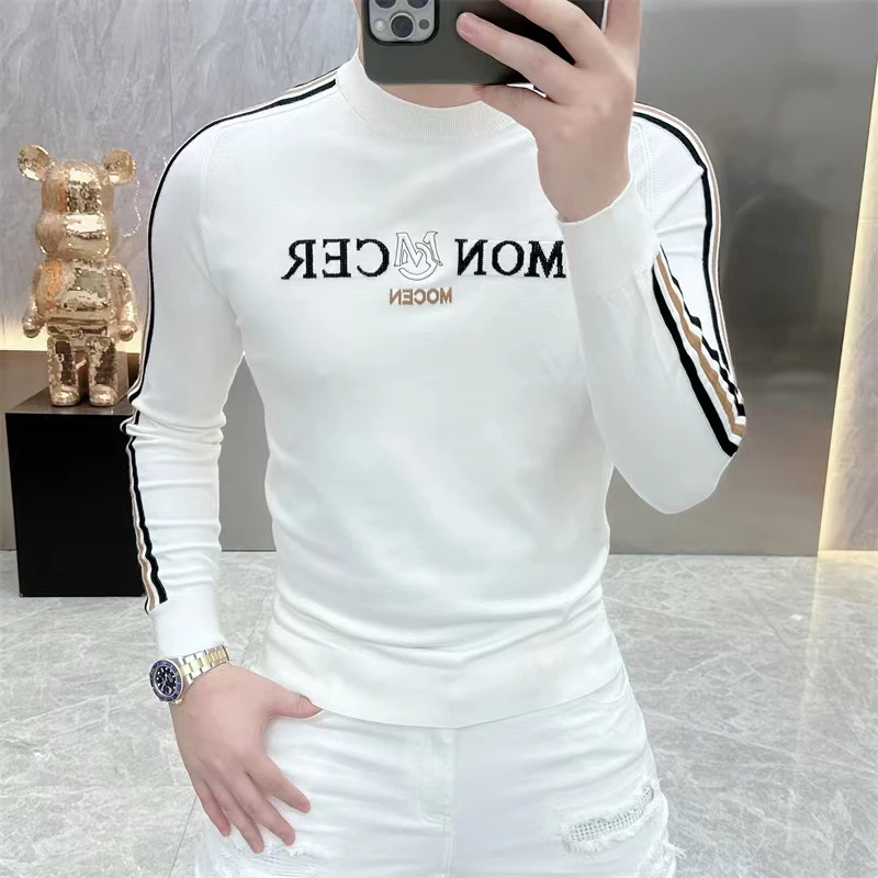 高档字母条纹毛衣男士秋冬轻奢时尚休闲打底针织衫品质男装93888