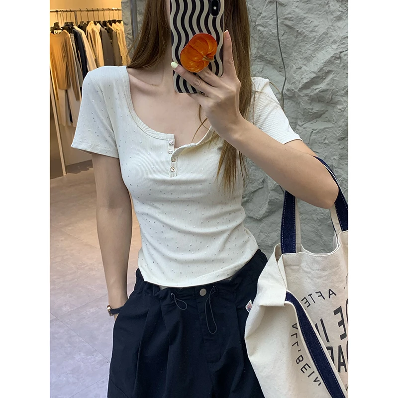 【烫银修身短袖】夏季新款小众烫银设计贝壳扣修身短袖ZDTD6455