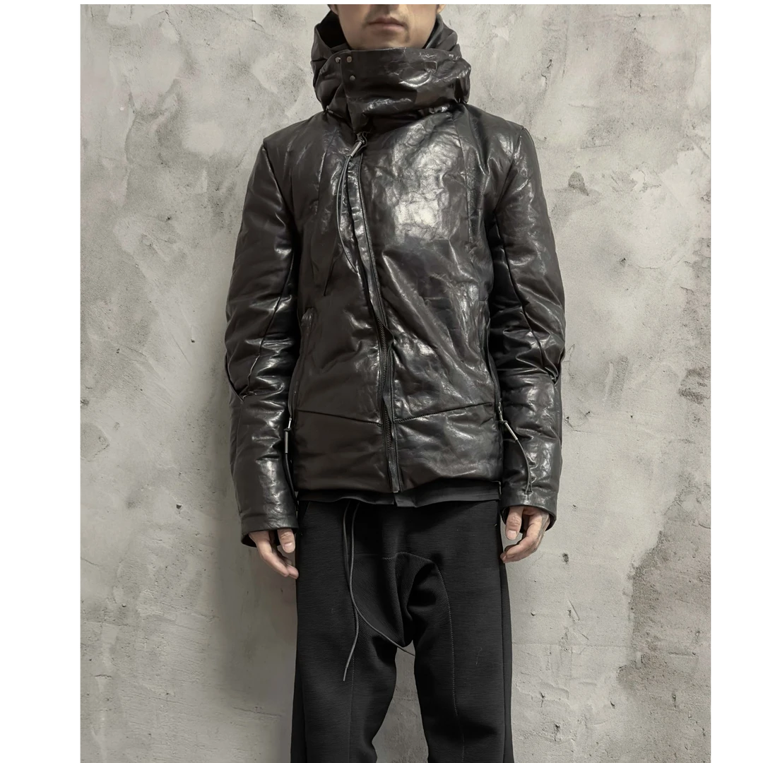 UNNAMING XIA原创设计山羊皮半植鞣真皮鹅绒短款连帽保暖羽绒服