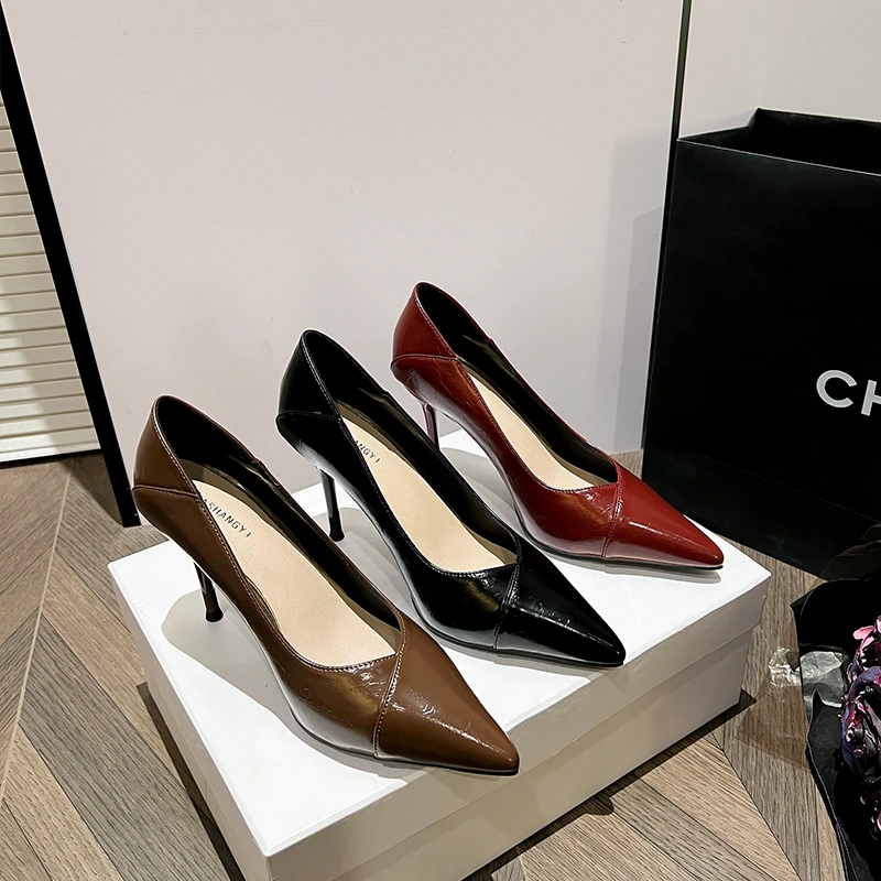 软皮高跟鞋2024春秋新款细跟尖头百搭职业工作性感黑色浅口女单鞋
