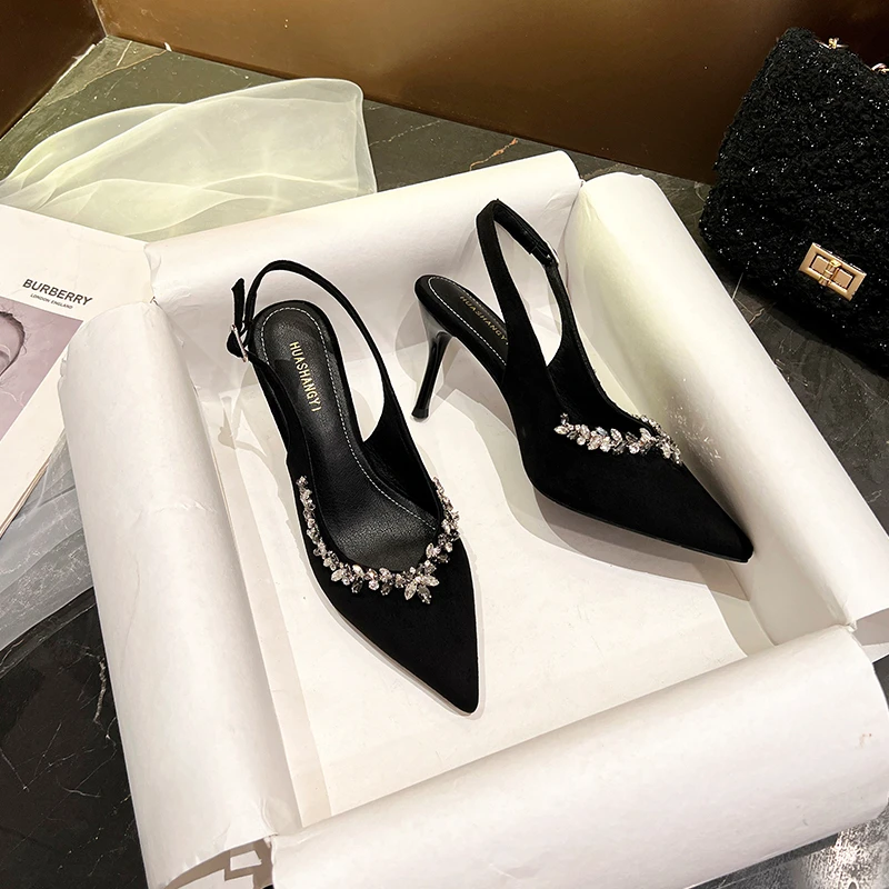 黑色水钻尖头高跟鞋2025春新款性感宴会女单鞋细跟凉鞋中跟大小码