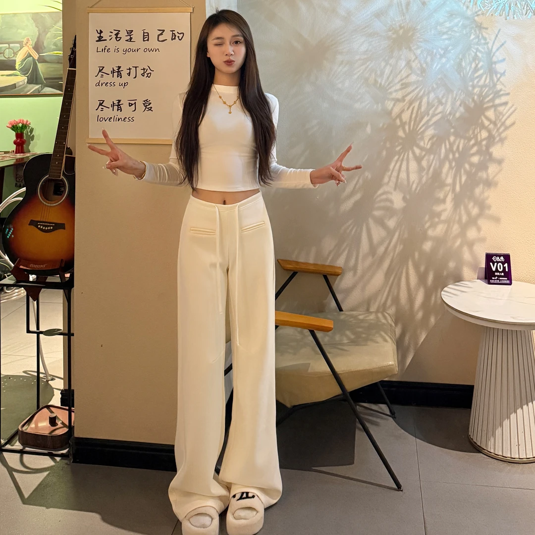 【月月专属】秋冬加绒卫裤女百搭针织阔腿裤中腰简约纯色休闲长裤