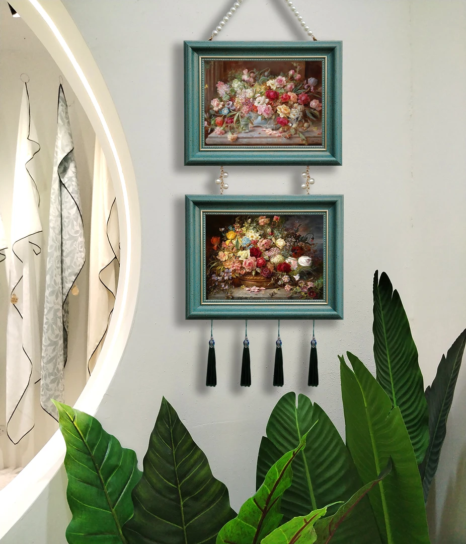 两联美式法式现代相框装饰画挂画客厅餐厅欧式床头带珠链