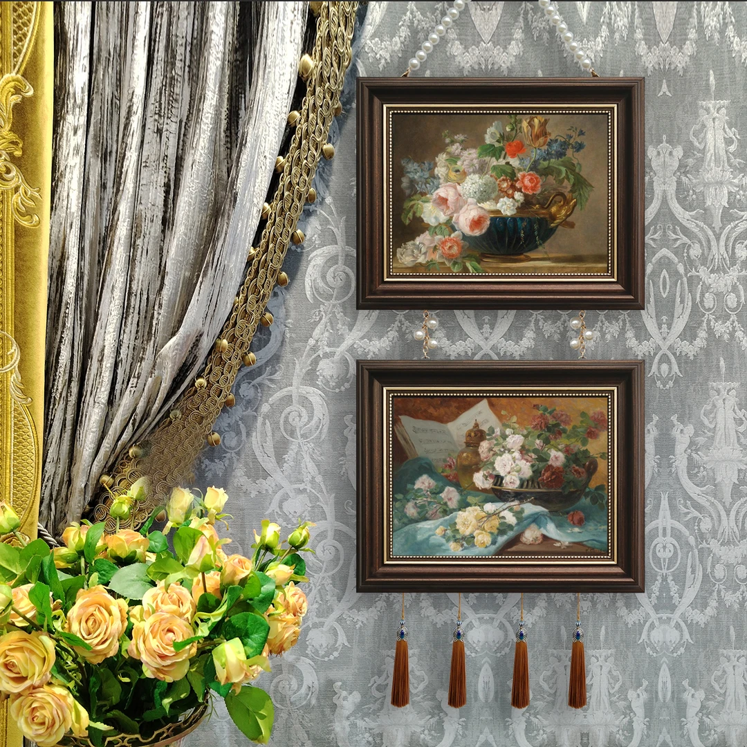 专利两联美式法式现代相框装饰画挂画客厅餐厅欧式床头带珠链中古