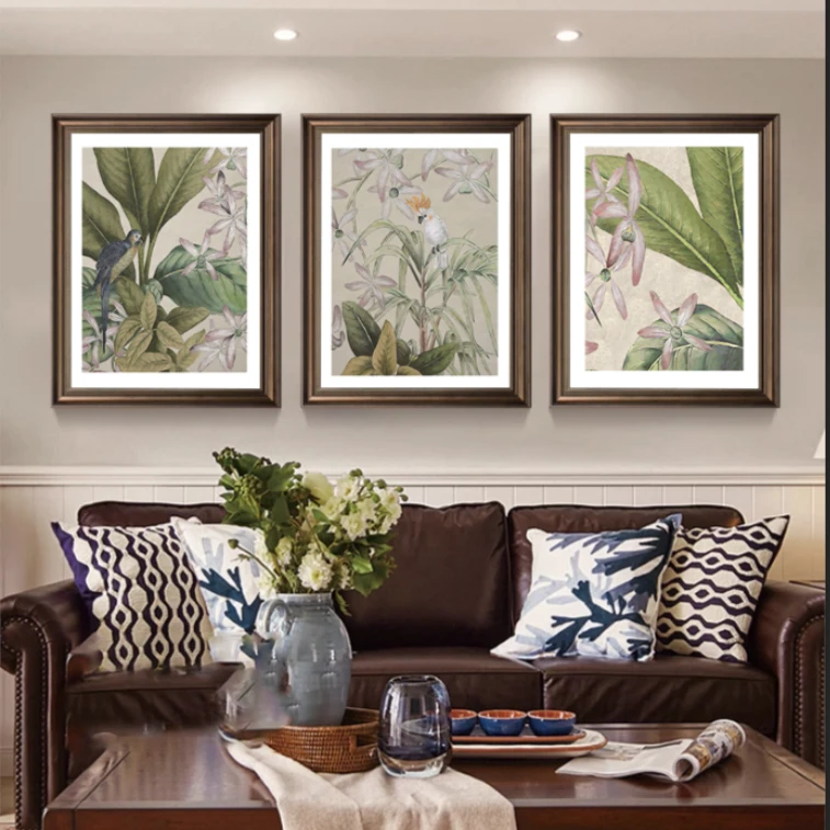 美式装饰画客厅挂画复古田园美式复古三联画植物法式壁画欧式