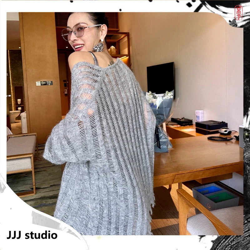 JJJ STUDIO 灰色宽松慵懒随性条纹镂空设计肌理感开衫 JLWFS1Z106