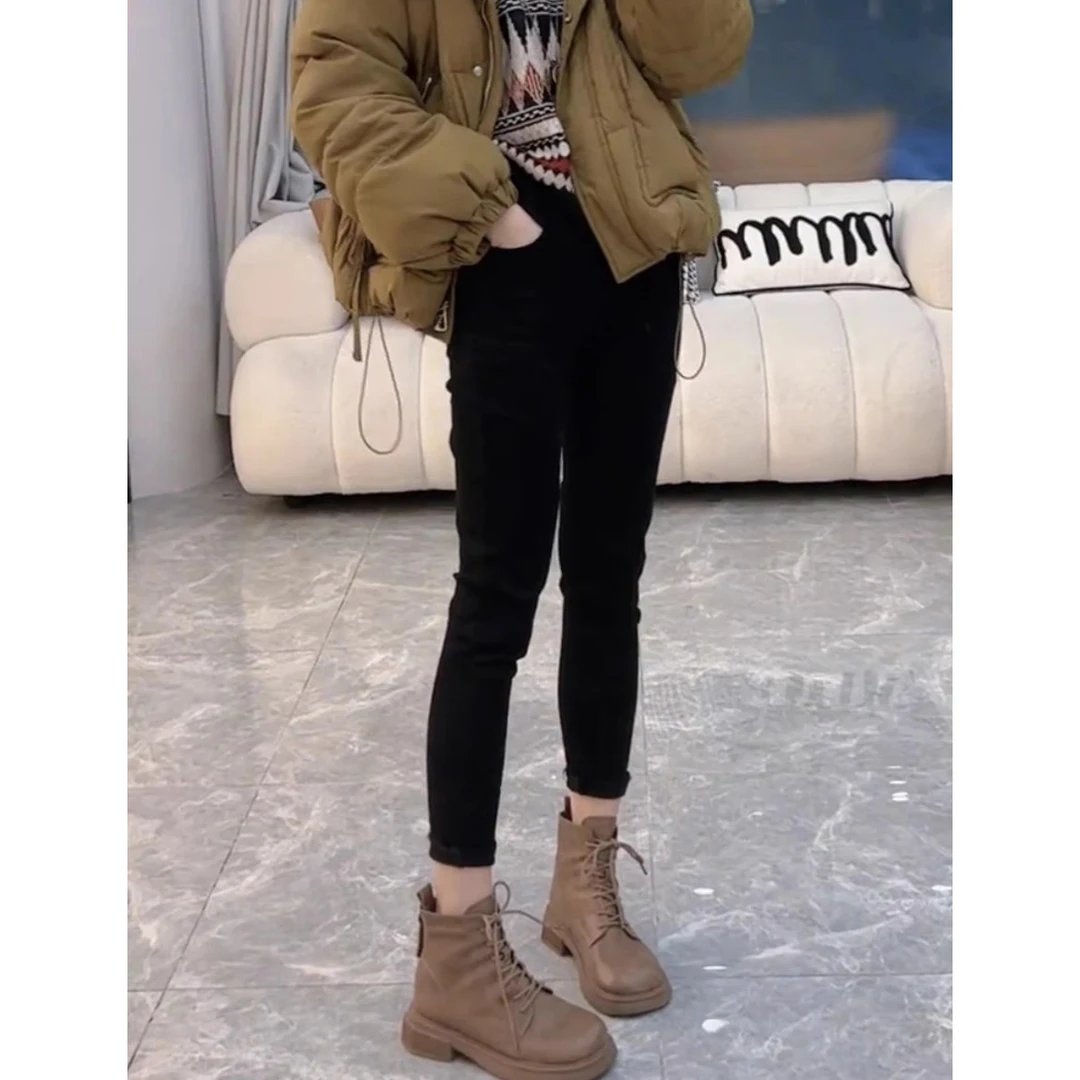 黑色加绒加厚小脚牛仔裤女春秋高腰弹力紧身显瘦通勤九分铅笔裤子