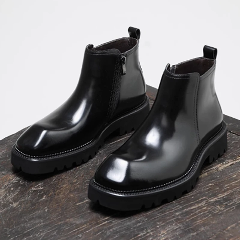 高端大气英伦风厚底商务休闲皮靴男头层牛皮手工切尔西靴短靴子潮