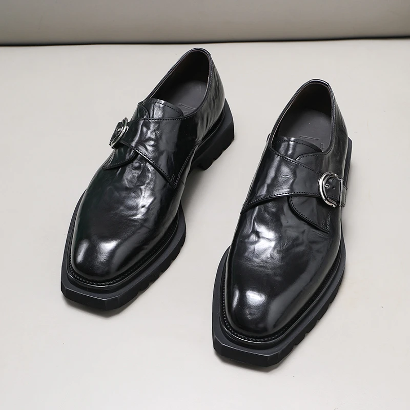 皮鞋男真皮手抓纹胎牛皮搭扣休闲孟克鞋婚鞋商务正装厚底德比鞋潮