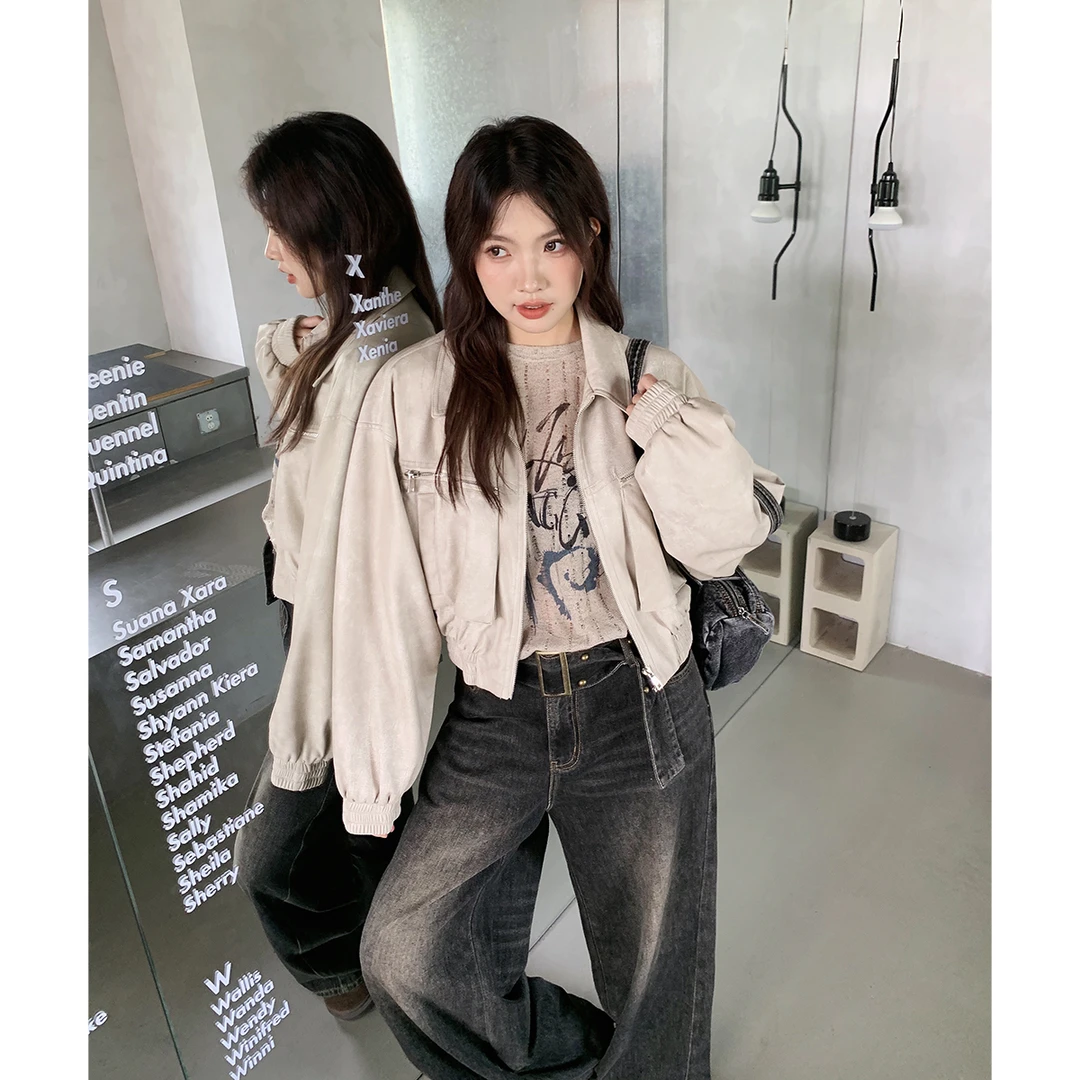 晶咕白标~克莱蒙公路胸前双口袋设计感短款皮衣女棒球服外套