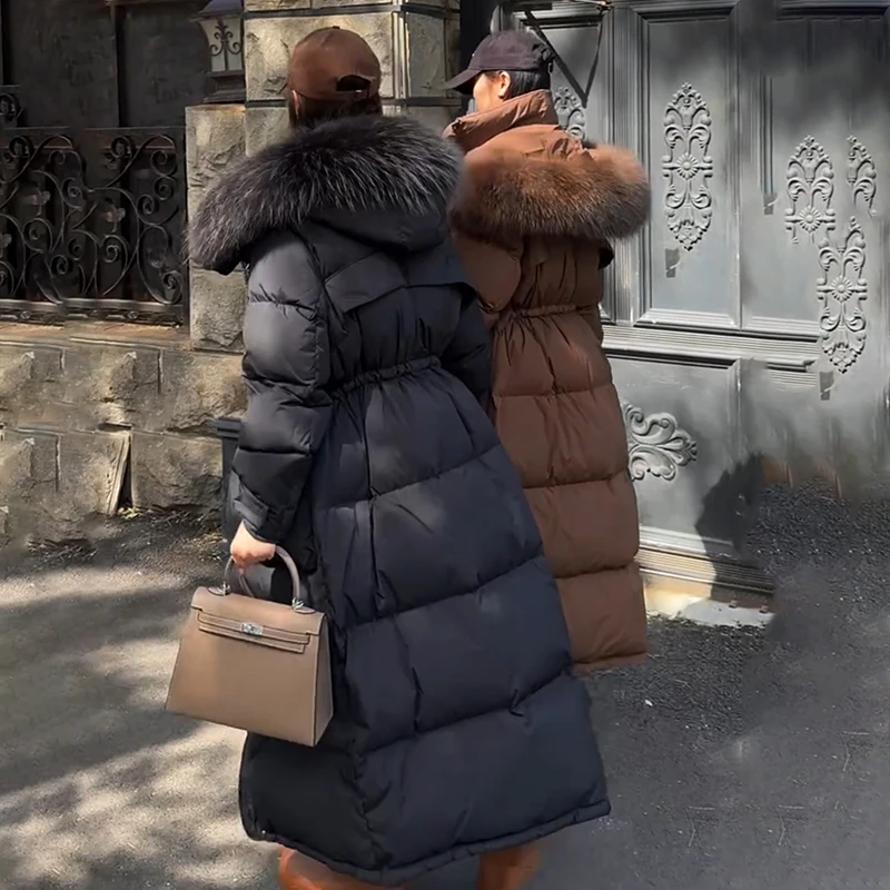 加长款过膝加厚情侣款大毛领韩版羽绒服女2025新款白鸭绒收腰外套