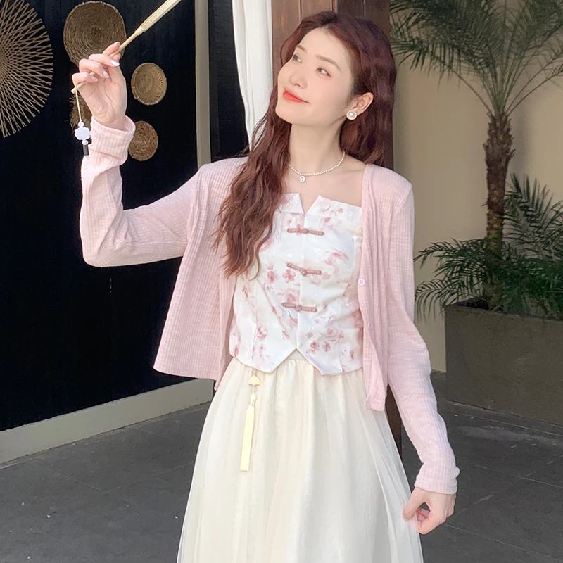 【现货~真两件套】新中式盘扣吊带背心女2024新款开衫气质国风套装