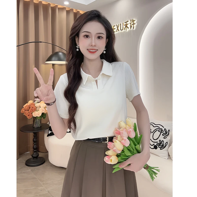 新中式风盘扣翻领短袖T恤女2024夏季新款翻领小众显瘦上衣潮