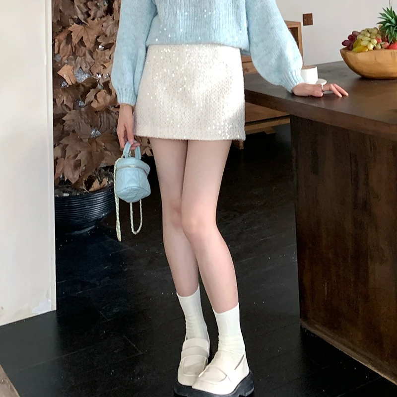 【有裤衬】韩系复古小清新亮片半身裙女秋季新款小个子设计感包臀裙