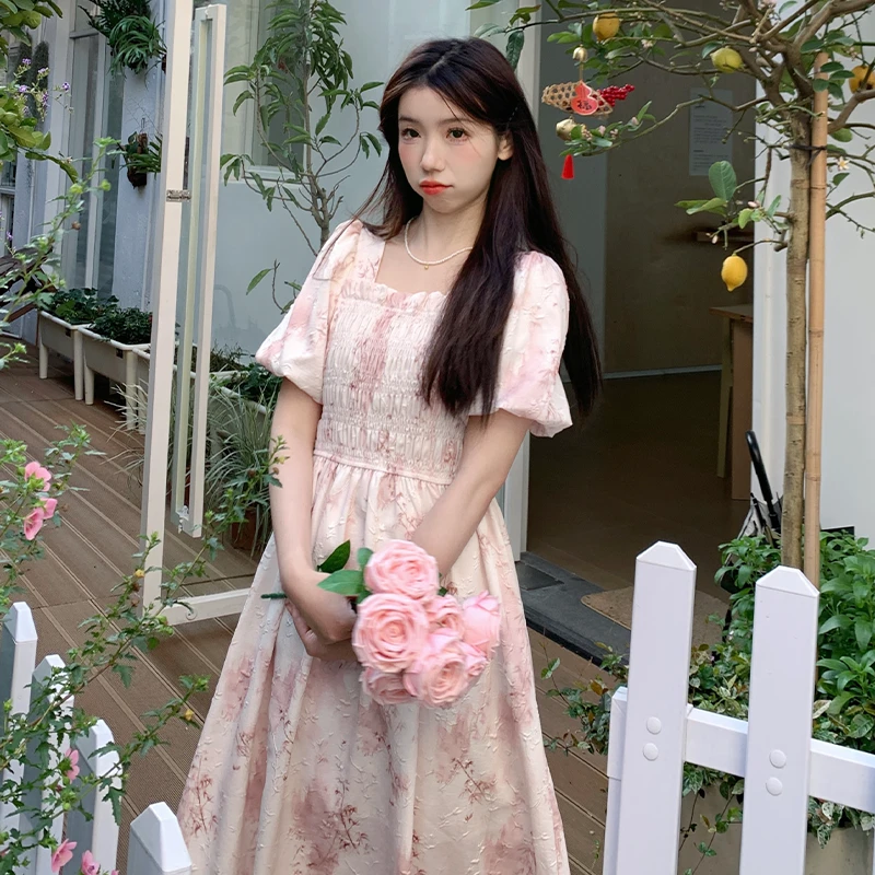 【现货 裙长105cm】法式复古碎花方领连衣裙女少女气质收腰温柔