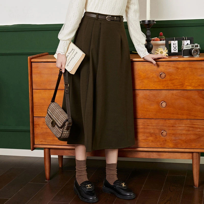 【有腰带~秋冬毛呢裙】中长百褶半身裙女秋冬高腰显瘦a字毛呢长裙子