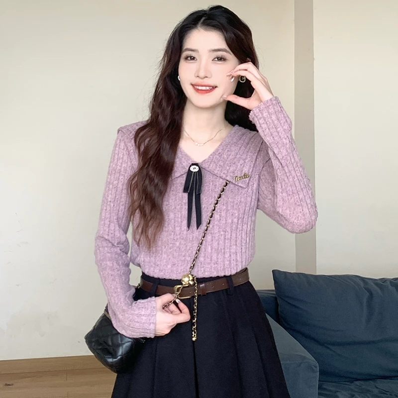 【拍下有可拆卸胸针】别致小香风翻领长袖针织衫女设计感小众上衣