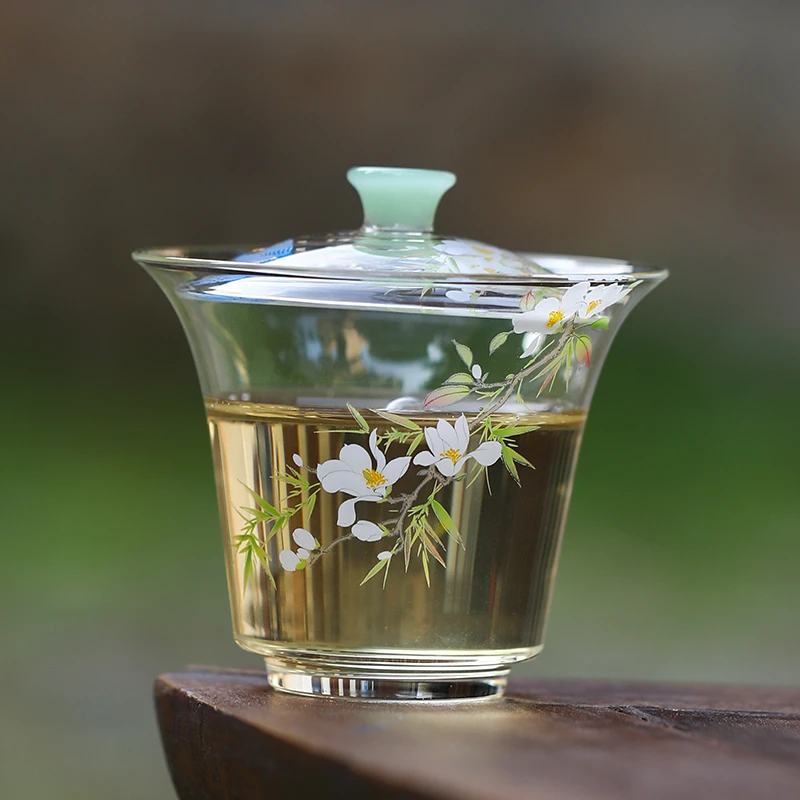 琨德春归耐热玻璃盖碗茶杯中式单个绿茶碗防烫功夫茶具家用泡茶器