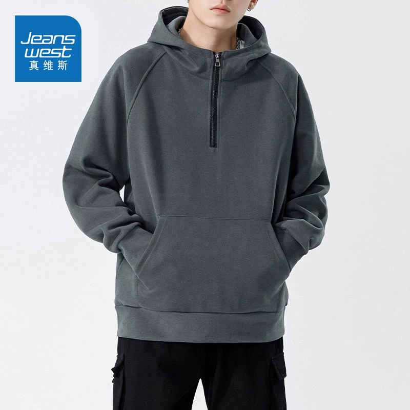Jeanswest/真维斯重磅卫衣男士2023秋冬宽松休闲风连帽拉链款卫衣