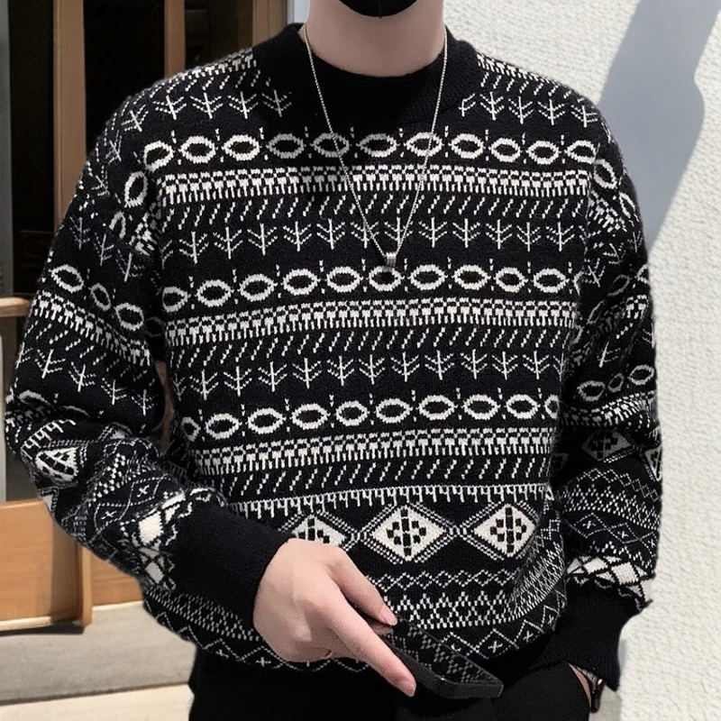 贝希缇汀民族风提花毛衣男秋冬季内搭线衣新款潮流宽松打底针织衫