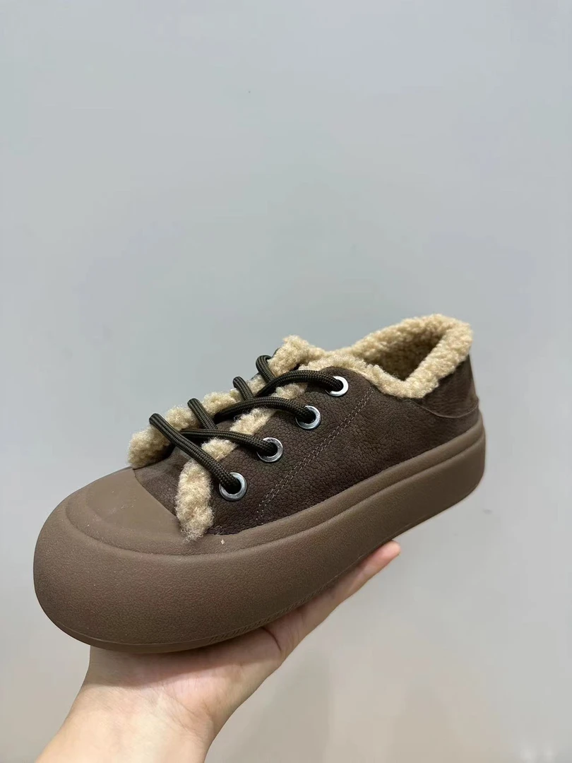 2023新款平底圆头加绒保暖浅口单鞋女复古板鞋秋冬季新款鞋子系带