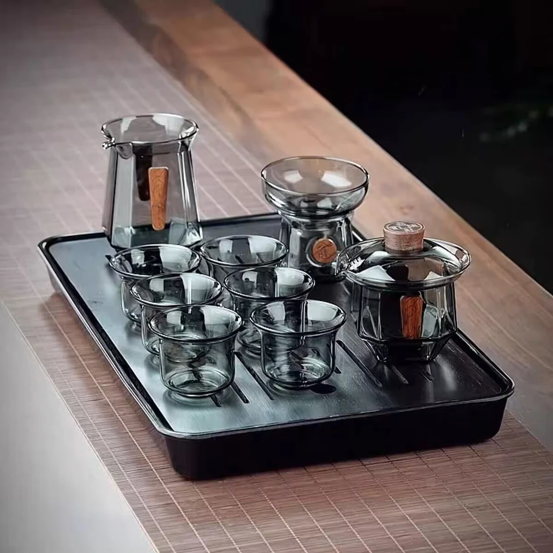 简约八方来财透黑盖碗公杯茶漏茶杯套装轻奢玻璃茶具手工耐热茶壶