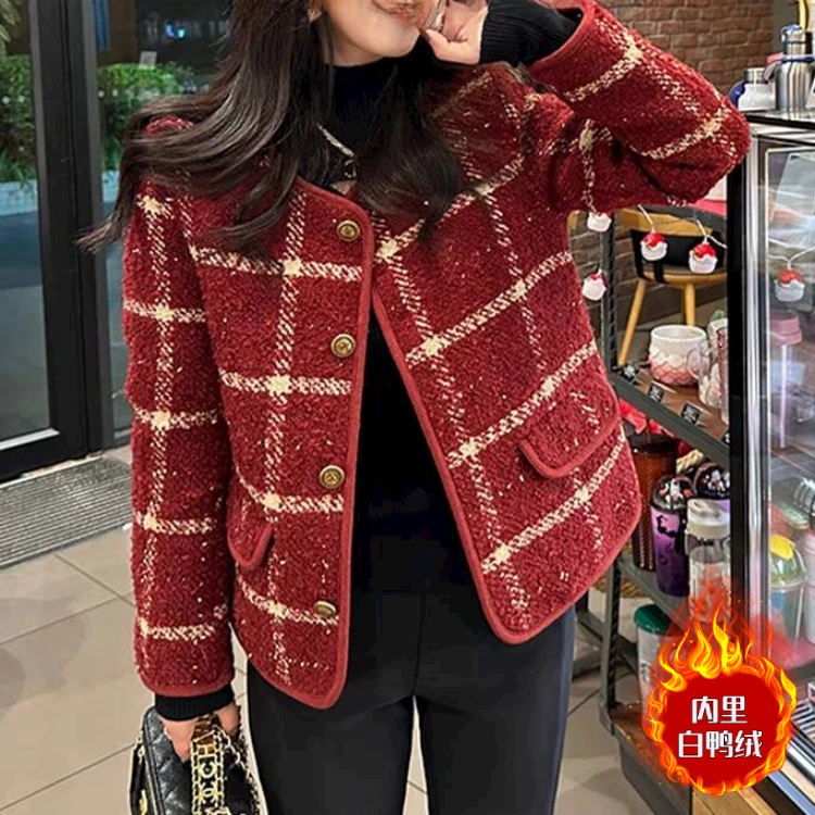 红色格纹小香风毛呢外套女小个子2023秋冬新款高级感羽绒服WY9830