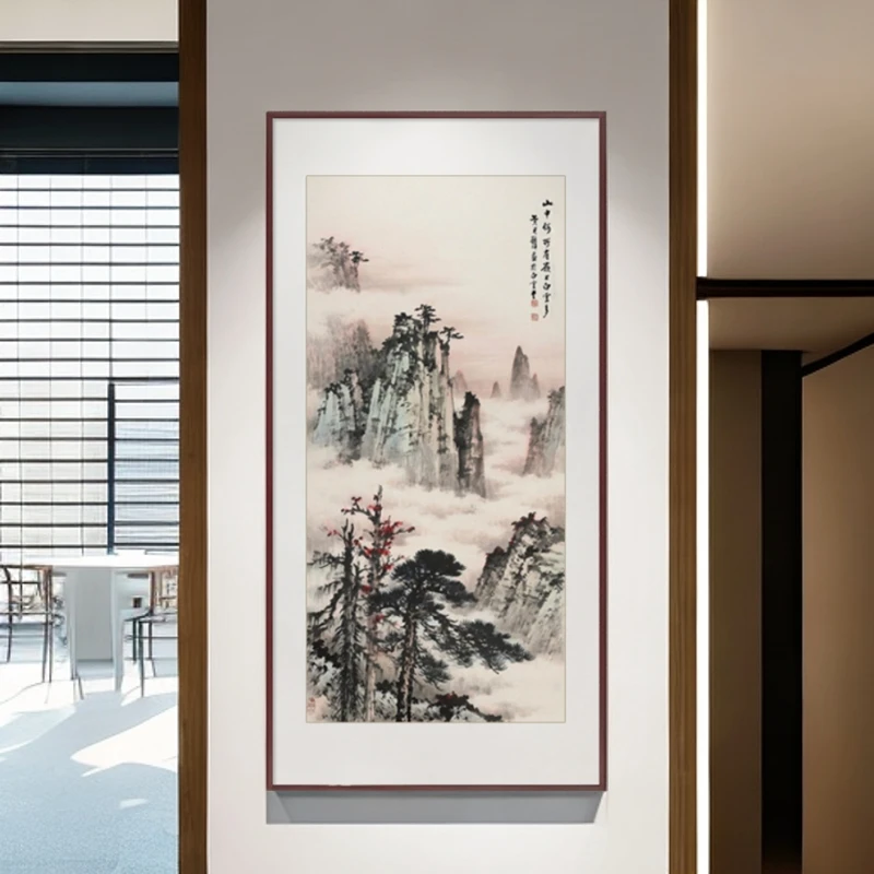 国画山水画新中式玄关装饰画书房茶室办公室壁画竖版黄君璧挂画