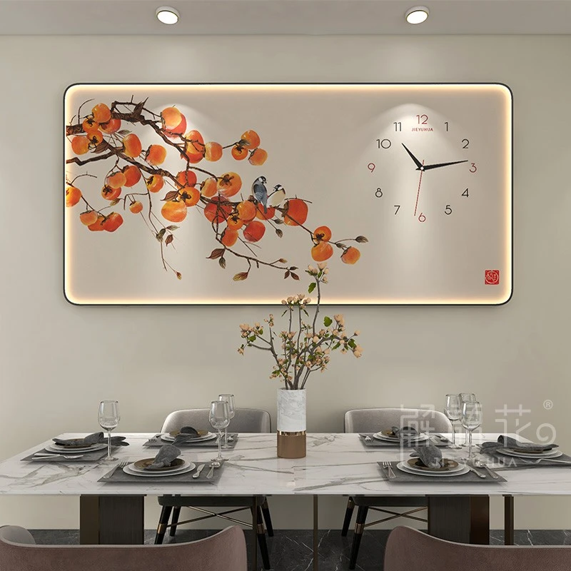 新中式电表箱装饰画餐厅背景墙柿柿如意led灯画带钟表配电箱挂画