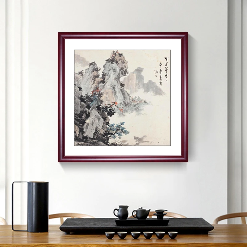 新中式茶室挂画流水生财玄关客厅背景墙装饰画旭日东升山水画壁画