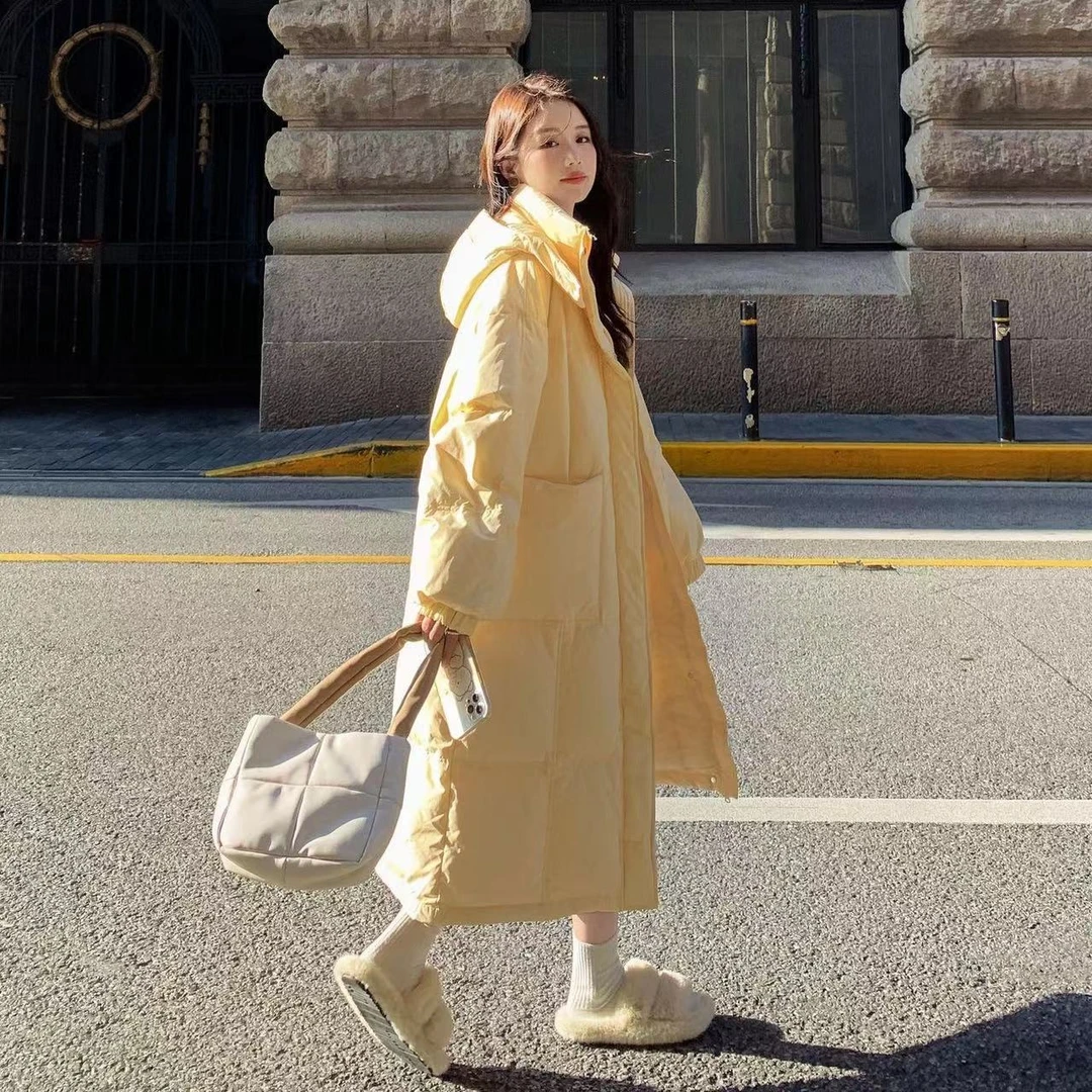 奶HUHU棉衣小个子女中长款2025年韩版宽过膝面包服可拆卸帽子